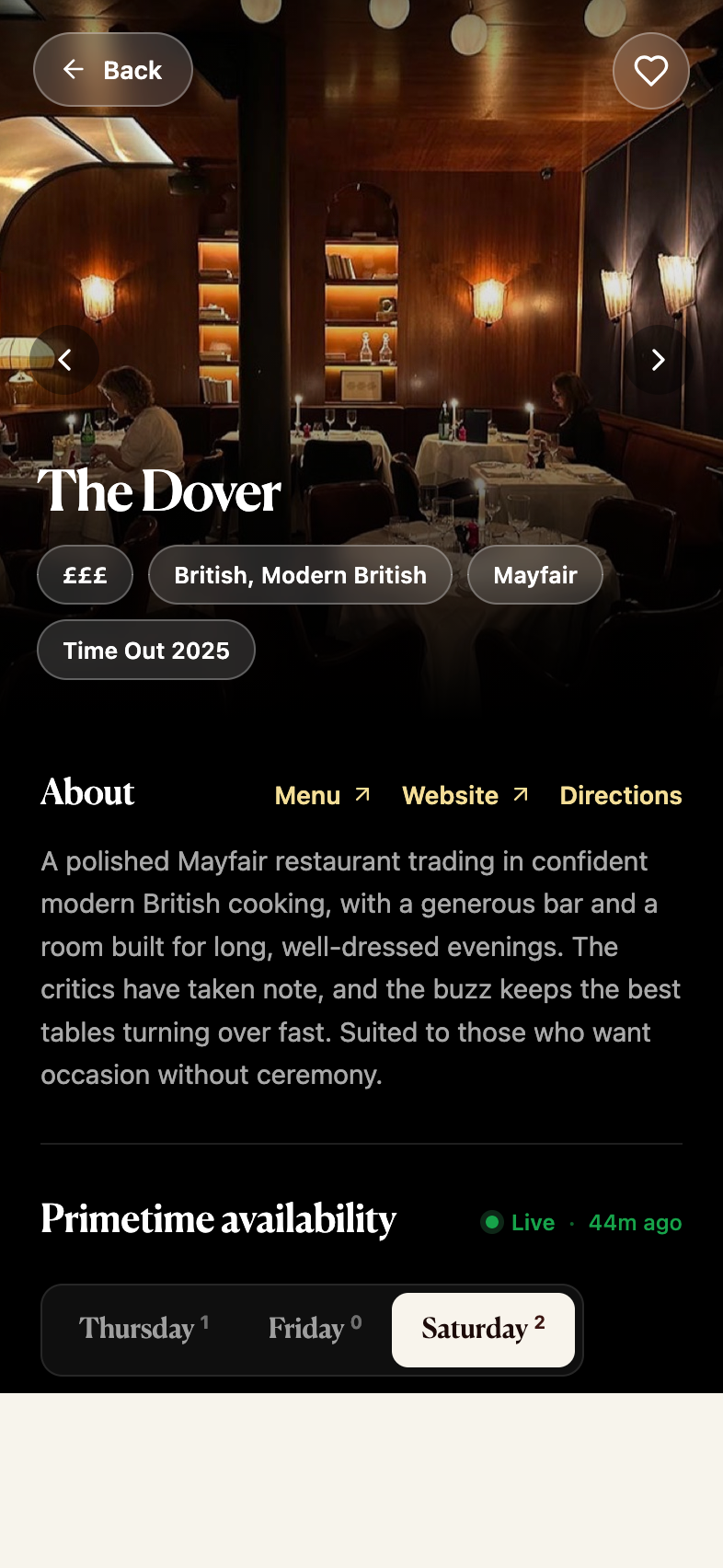 A restaurant page with its live slots and a book-direct button