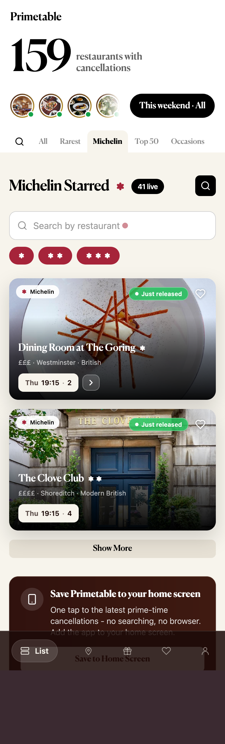 Search filtered to Michelin-starred restaurants with tables this week