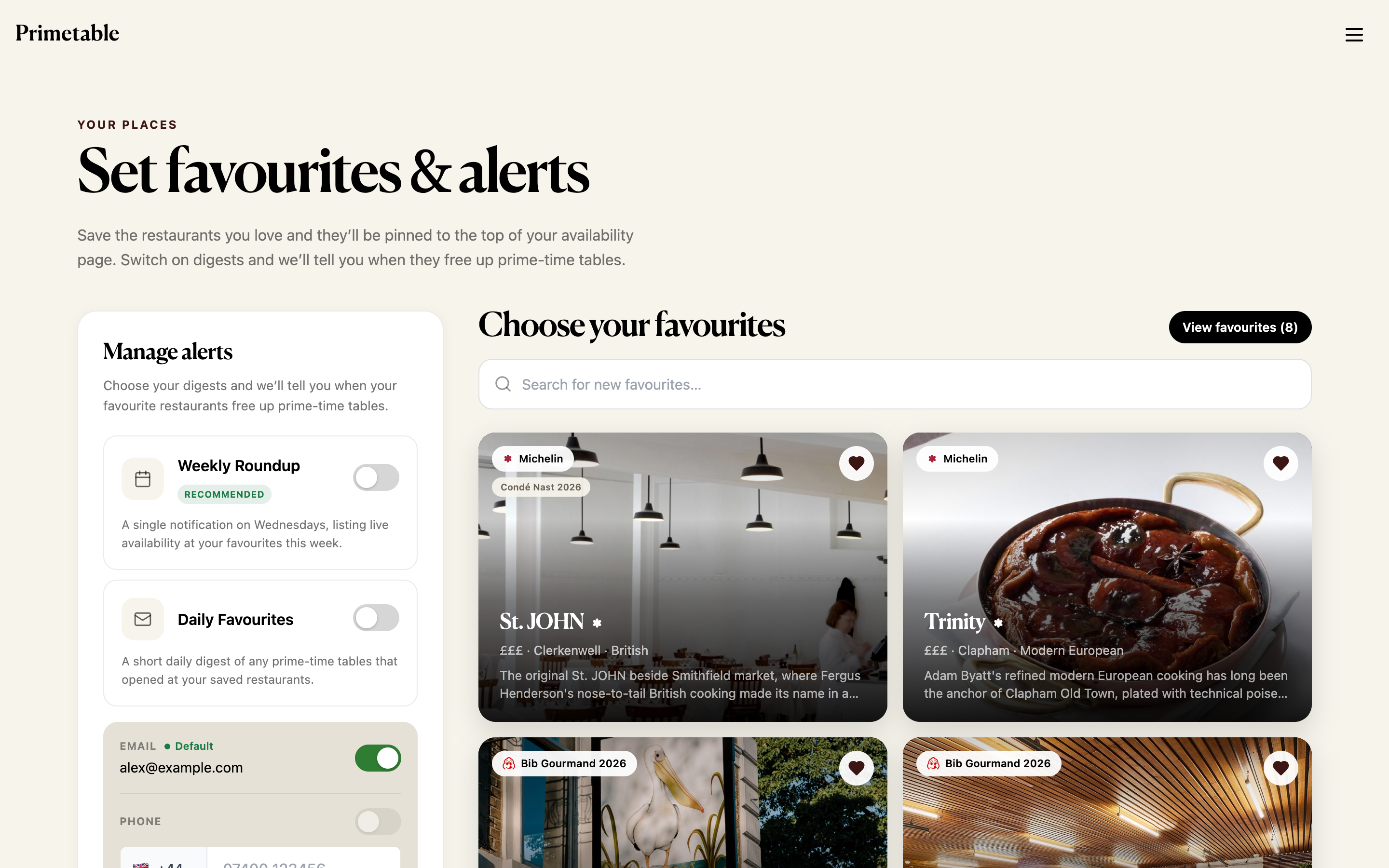 Primetable - Favourites & alerts